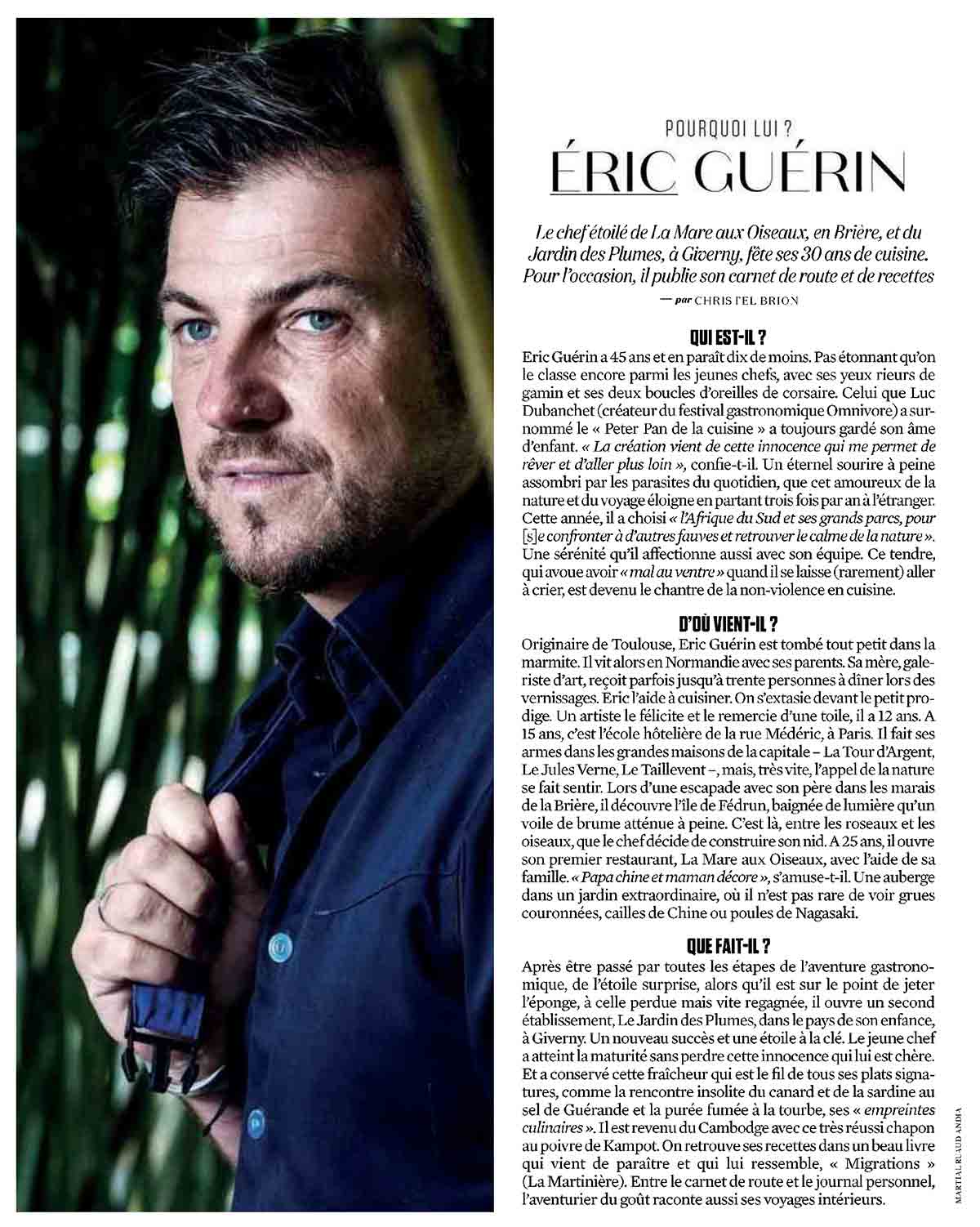 article consacré au chef Eric Guerin dans la magazine L'Obs du 5 novembre